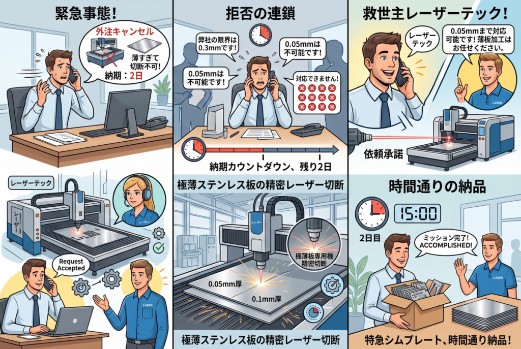 納期2日前のSOS!他社で断られた0.05mm・0.1mm極薄ステンレスシムプレートの特急レーザー加工