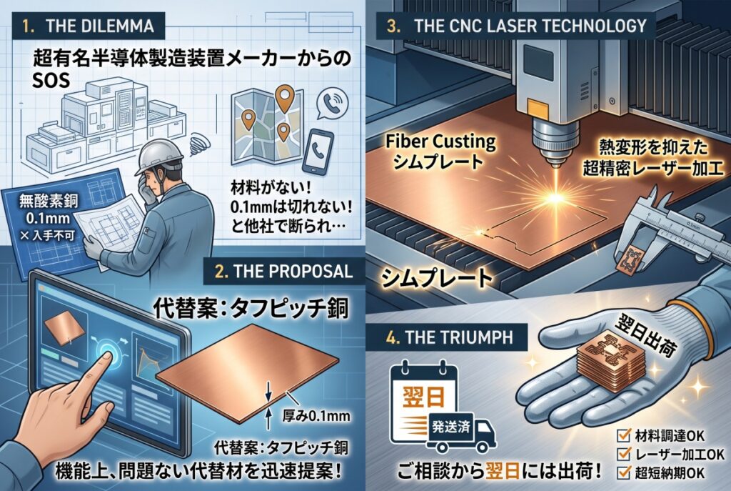 大手半導体製造装置メーカー様｜板厚0.1mm・極薄銅シムプレートのレーザー加工（ご相談の翌日に出荷！）
