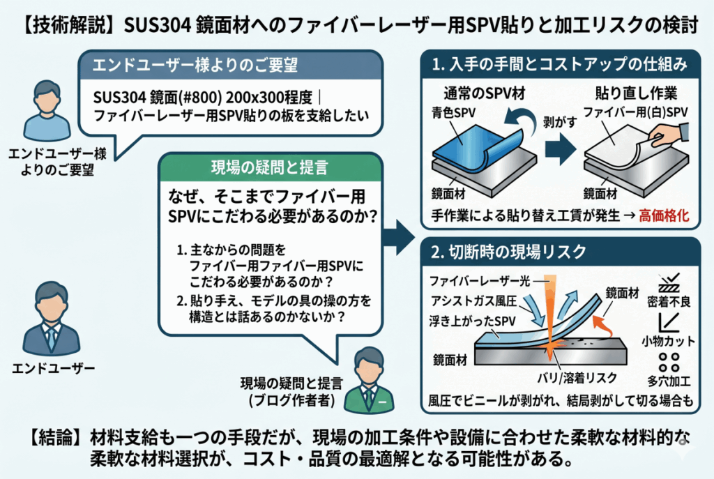 SUS304 鏡面材へのファイバーレーザー用SPV貼りと、その「意外な落とし穴」