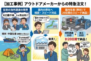 アウトドアメーカー様からの特急注文！海外調達の納期課題を「20日間」の国内生産で解決